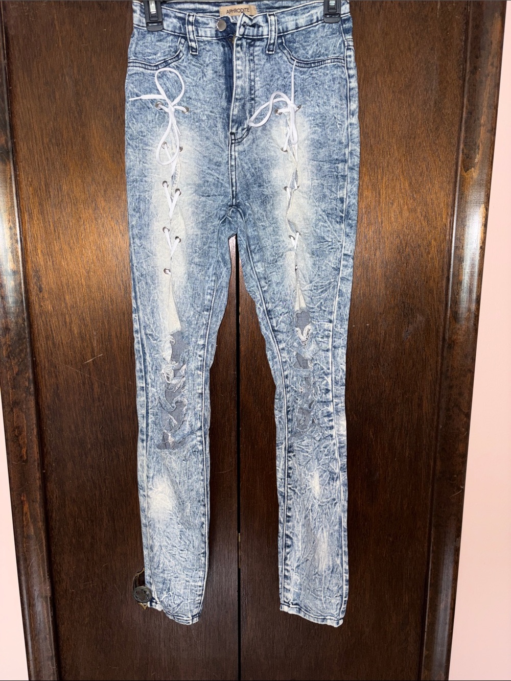 Aphrodite Blue Acid-Wash Lace-Up Skinny Jeans